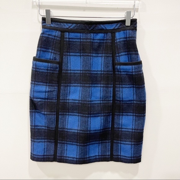 Adam Lippes Wool Cashmere Plaid Skirt Side Pocket Blue Black 4 - Picture 1 of 8